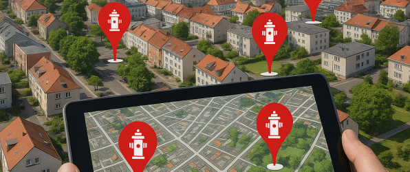 KI-Generiertes Bild das eine Stadt zeigt und Standorte mit Hydranten hervorhebt.